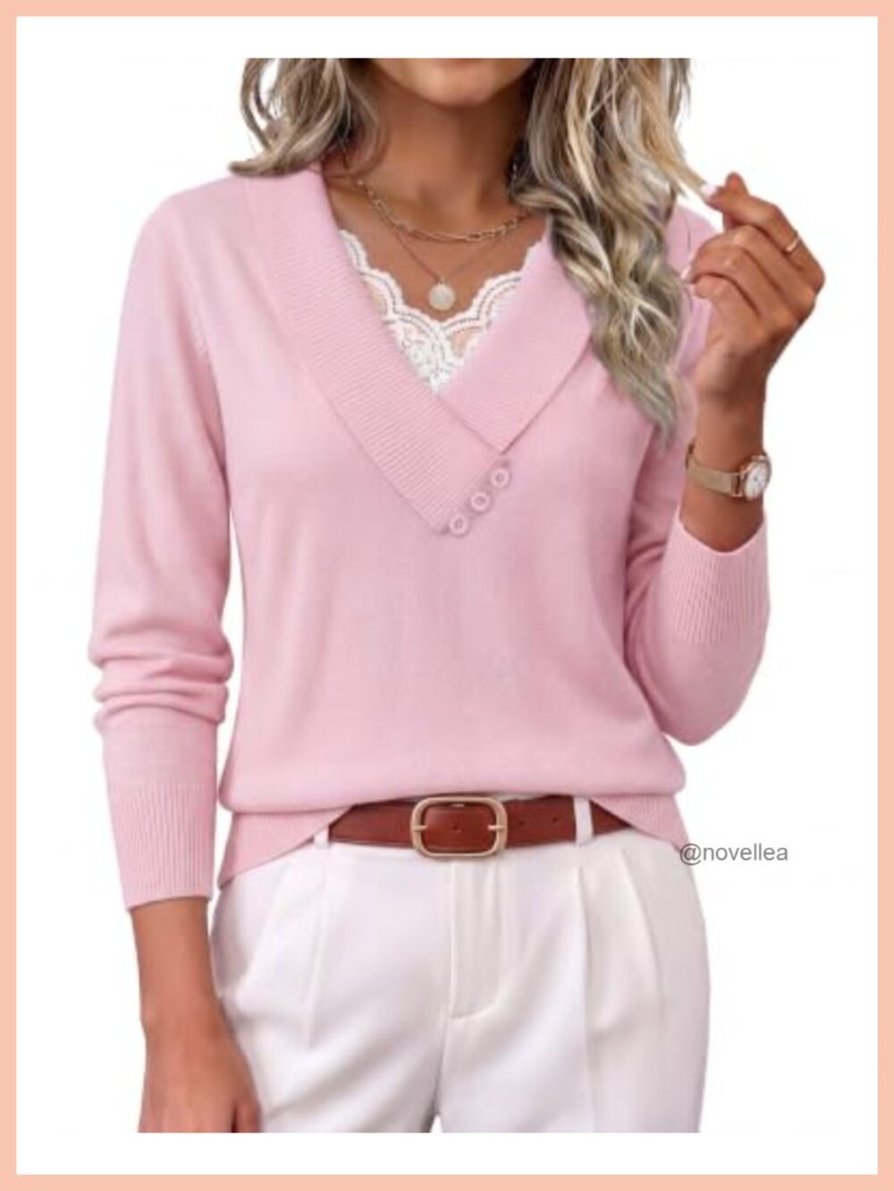 Wool Blend V-Neck Pullover Sweater Lace Button Detail Long Sleeve